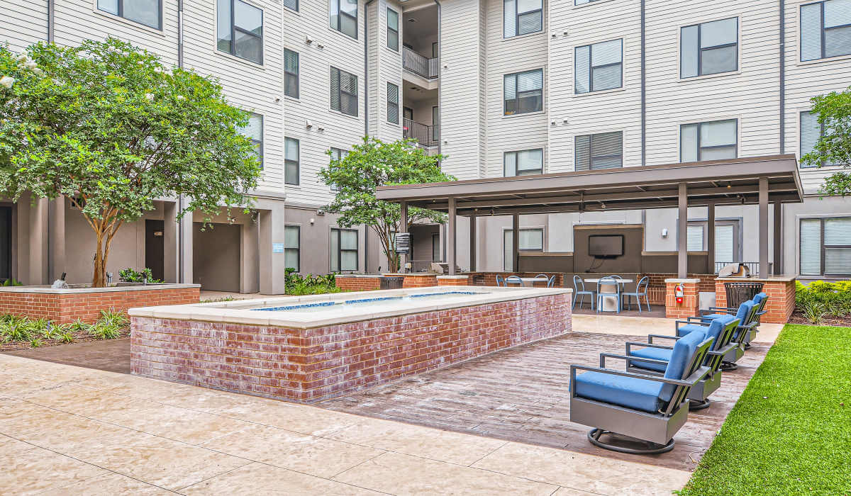 Outdoor firepit and Media area at Factory Design District in Dallas,Texas