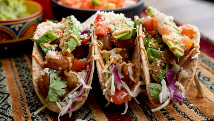 Close up of three tacos