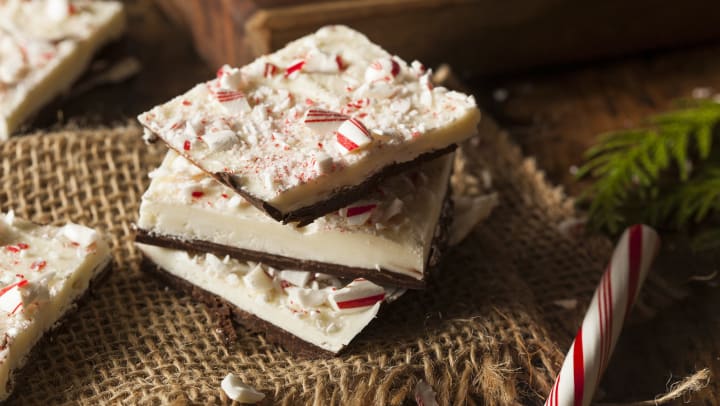 Homemade holiday peppermint bark with white and dark chocolate.