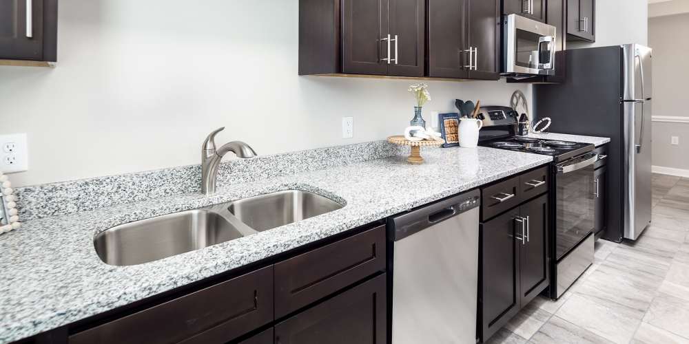 Fully-equipped kitchen with dishwasher and microwave at Mills Creek in Gastonia, North Carolina