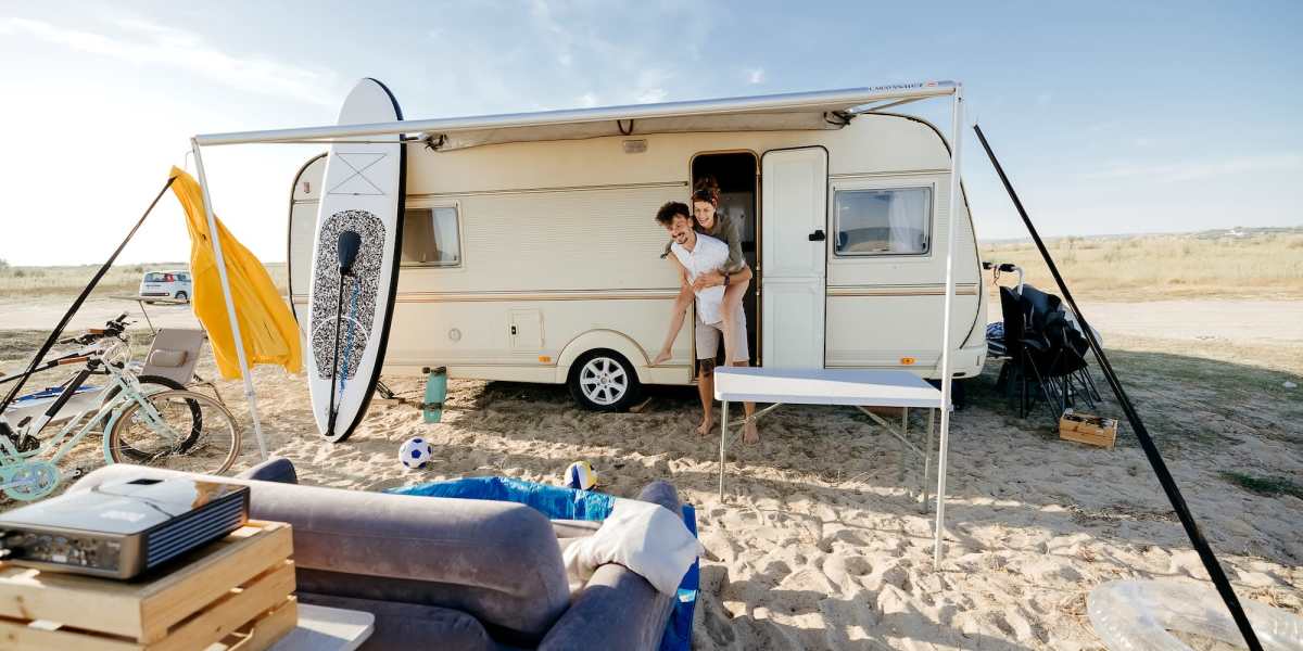 Resident couple going out of their RV at Eugene RV and Boat Storage in Eugene, Oregon 