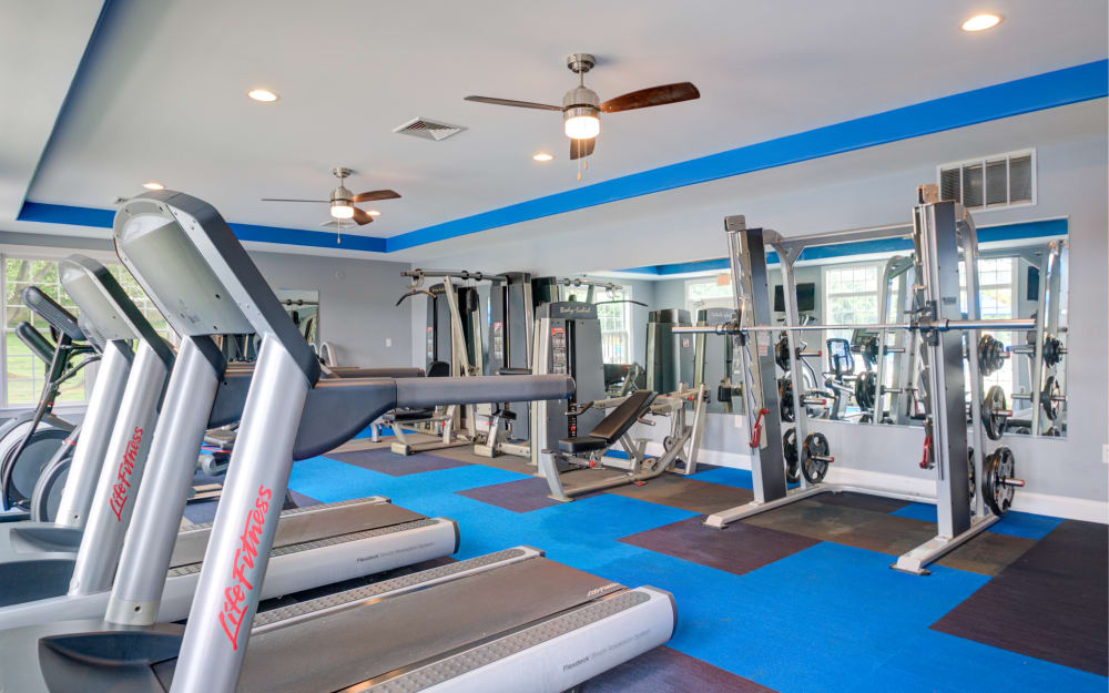 Well-equipped fitness center with cardio equipment at The Preserve at Milltown in Downingtown, Pennsylvania