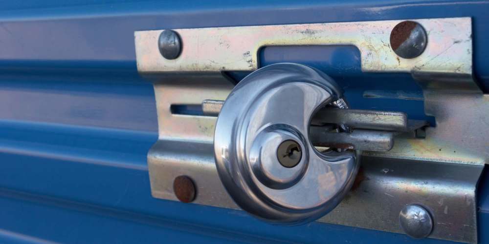 A lock on a storage unit at Bryant Security Storage in Redding, California