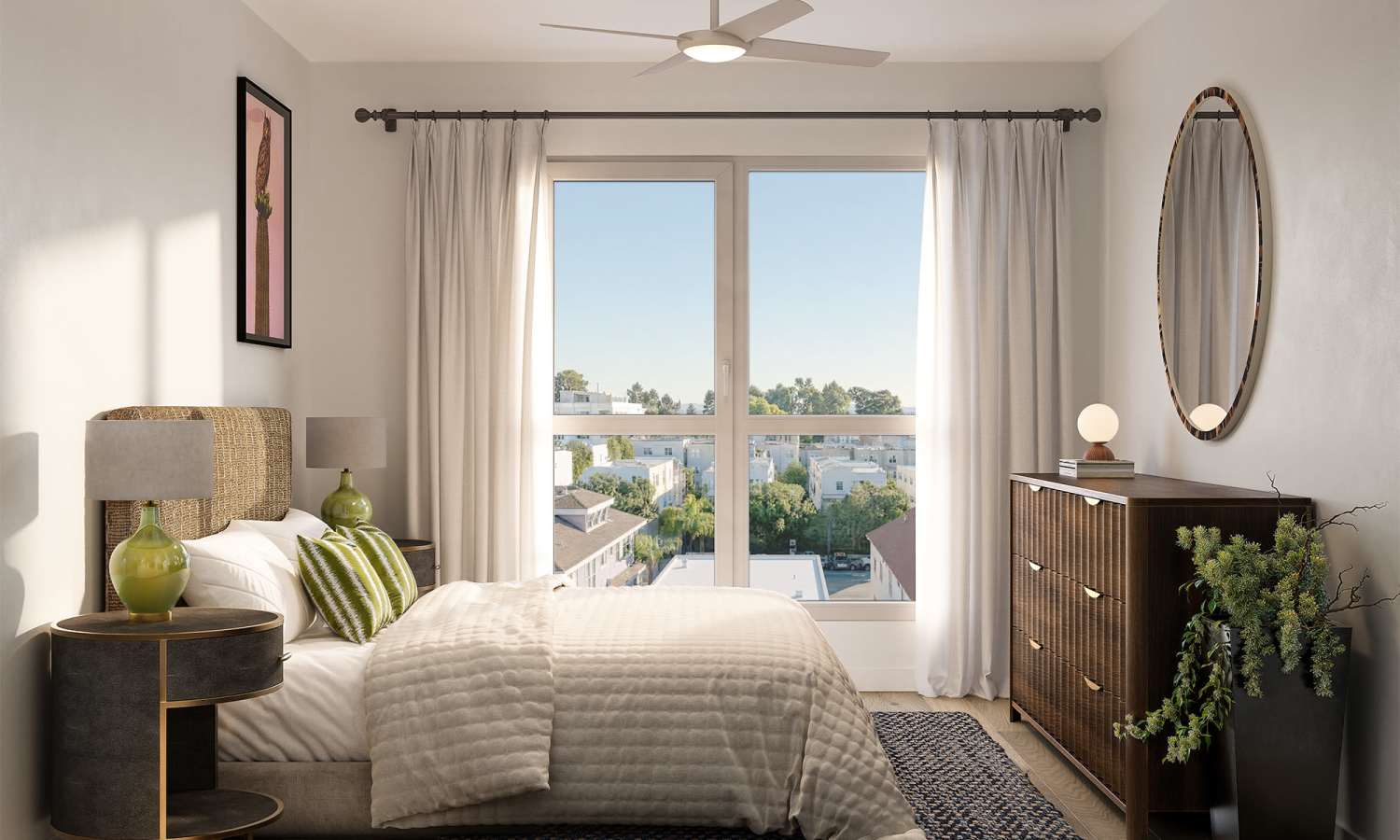 Rendering of modern bedroom with large window at Flora + Fauna in San Diego, California