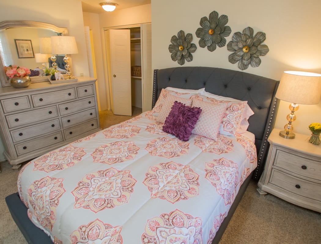 Stylish bedroom in model home at Chardonnay in Tulsa, Oklahoma