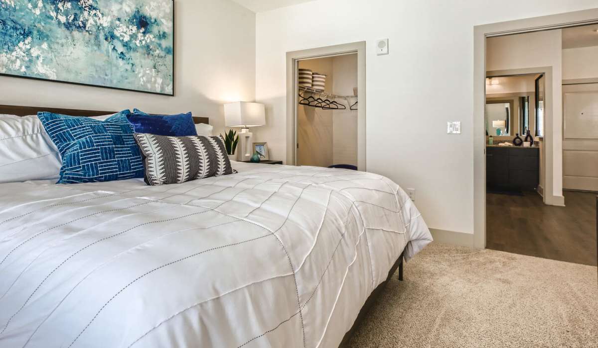 Spacious carpeted bedroom at Soba Apartments in Jacksonville, Florida