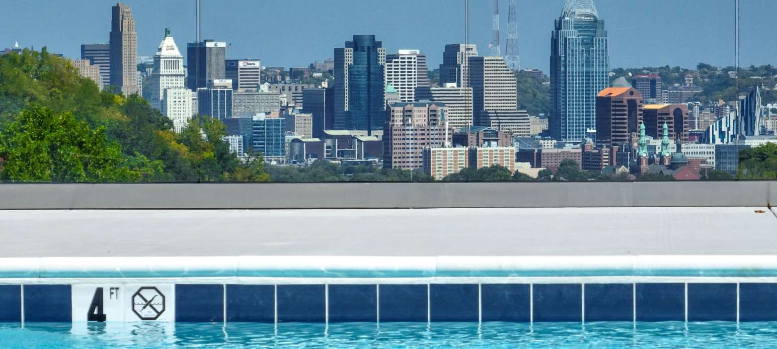 Cincinnati city view from the pool at Elevation 800 in Covington, Kentucky