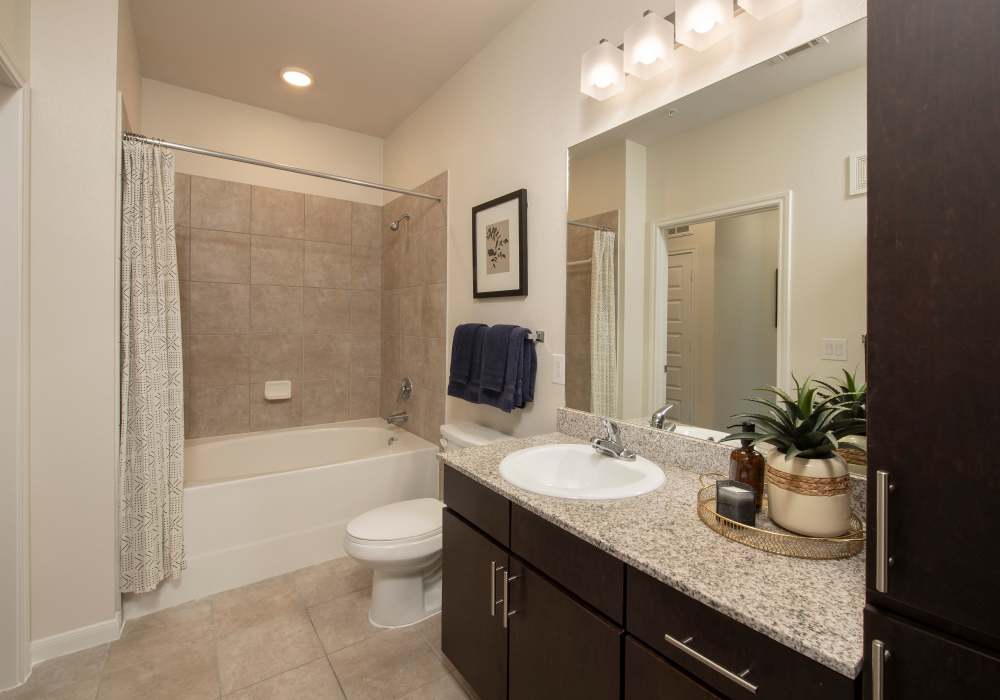 Bathroom with sink and commode along bathtub at Nantucket at Fannin Station in Houston, Texas