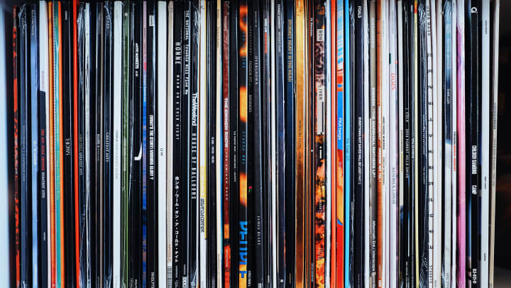 Records spines stored all together vertically