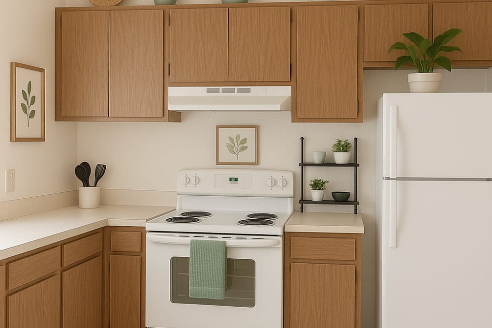 Modern kitchen with wooden cabinets at Fulton Hill Apartments in Tallahassee, Florida