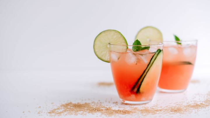 Grapefruit cocktail, lemonade with lime, mint and pieces of ice.