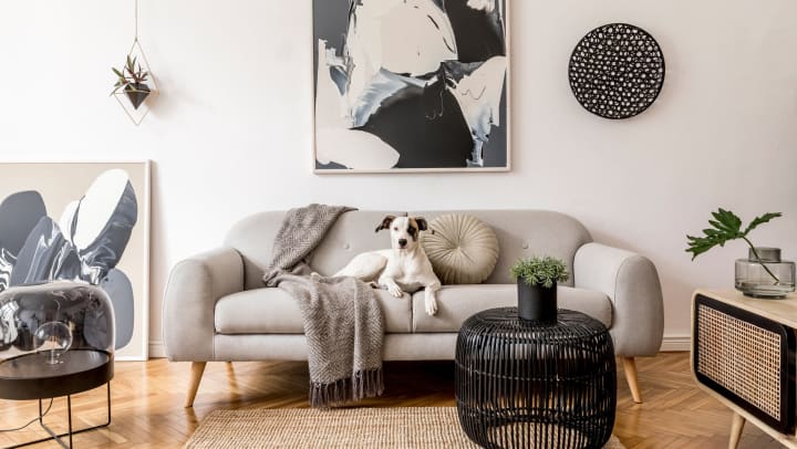 Interior design of living room at a nice Scandinavian apartment with stylish furniture and elegant accessories.