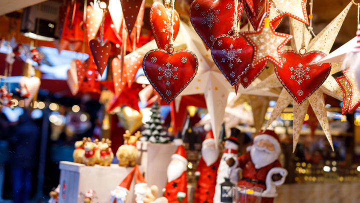 Assorted holiday decorations at a market.
