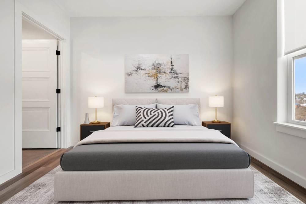 Comfortable bedroom in the two bedroom floor plan at Anden in Weymouth, Massachusetts