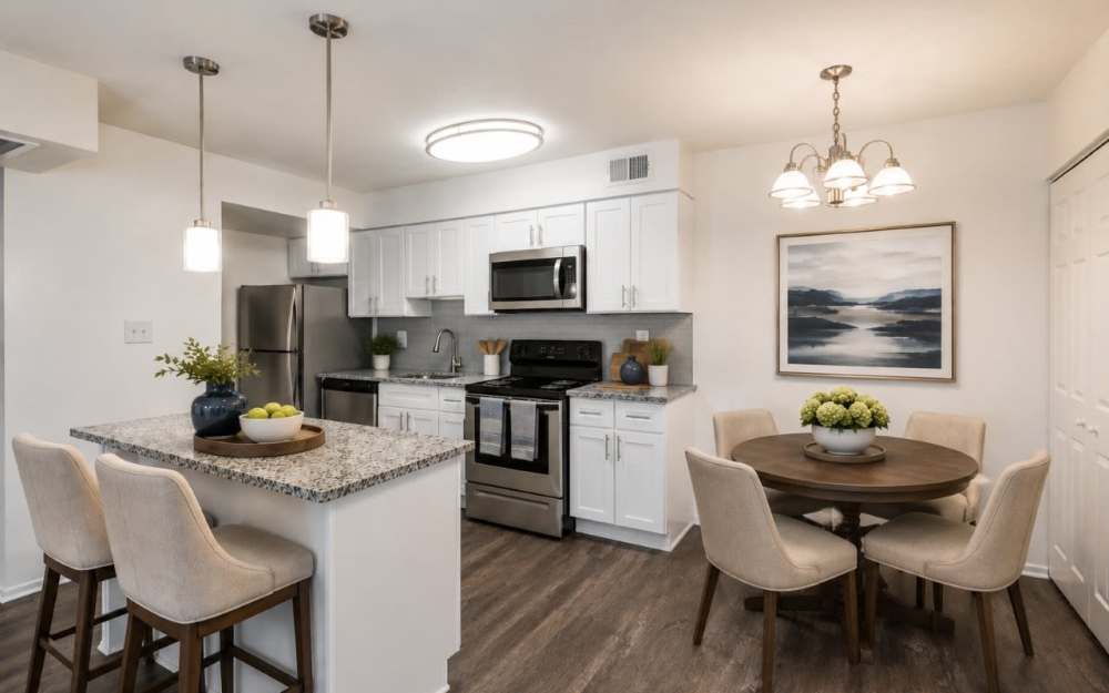 Kitchen with white cabinets and stainless steel appliances at Tamarron Apartment Homes in Olney, Maryland 