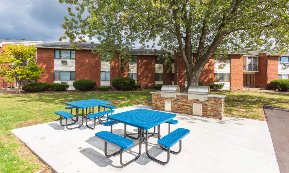 Grilling stations and picnic area at King's Court Manor Apartments in Rochester, New York