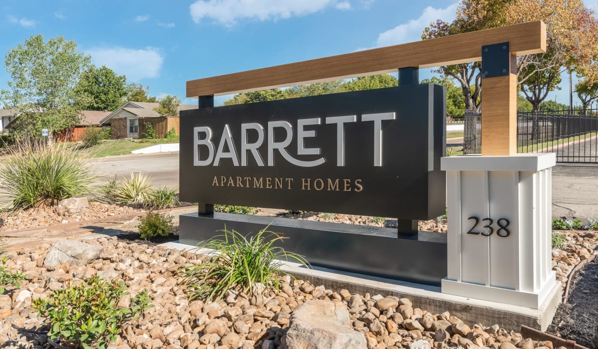 Entrance sign at  Barrett Apartment Homes in Garland, Texas