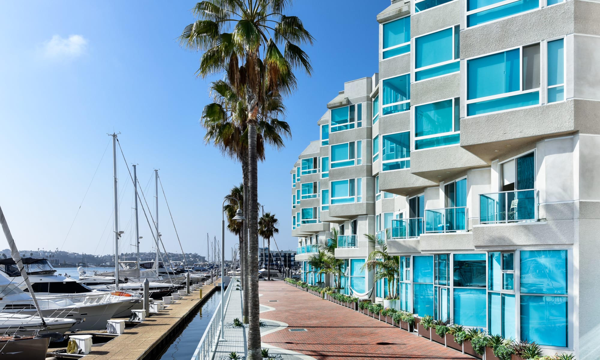 Apartments with large windows overlooking the marina at Esprit Marina del Rey in Marina del Rey, California
