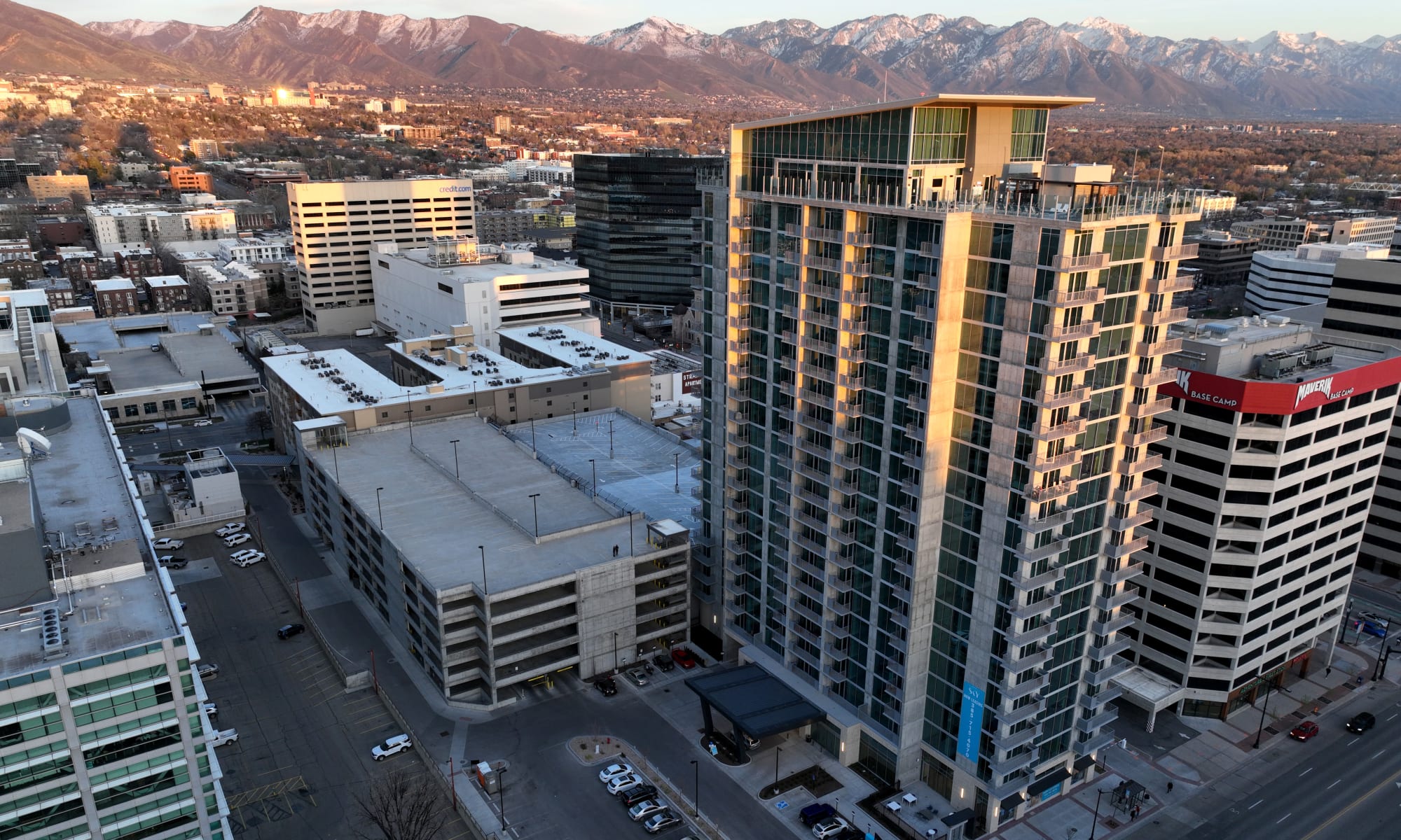 Drone view from the northwest side showing the Wasatch Mountains at Luxury high-rise community of Liberty SKY in Salt Lake City, Utah