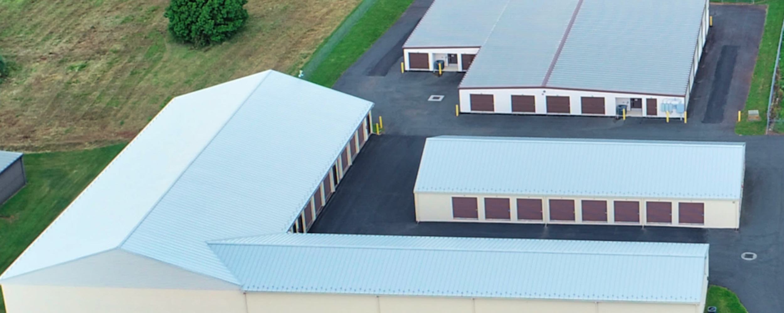 An aerial view of exterior storage buildings at Culpeper Self Storage in Culpeper, Virginia