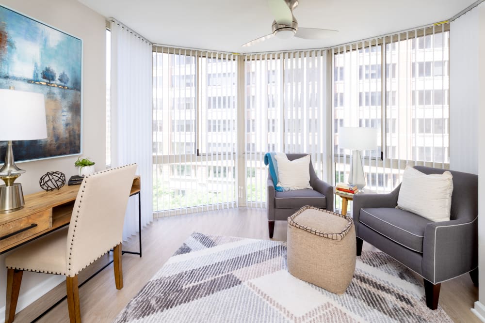 Model living room at Meridian at Ballston Commons