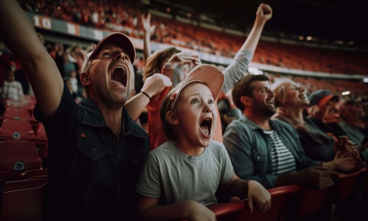 Fictional people. Joyful Family Watching Sporting Event at Stadium