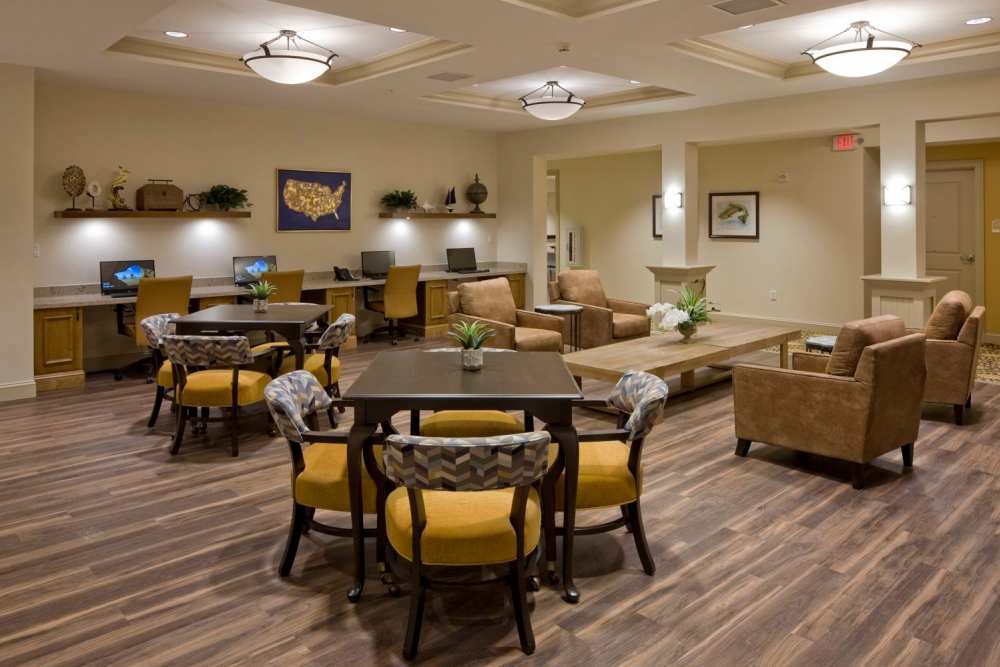 Dining area for residents with tables at Elan Manatee in Bradenton, Florida