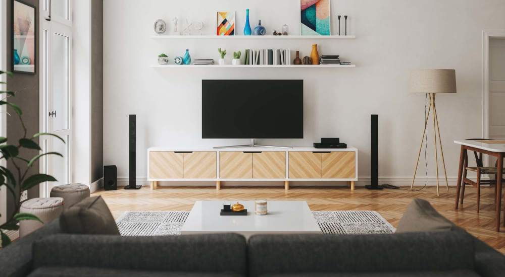 Living room with hardwood flooring at City's Edge in Pittsburgh, Pennsylvania