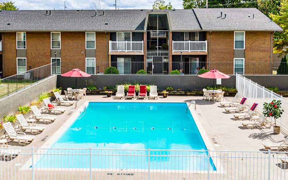 Swimming pool with hand rails at The Commons at Kettering in Dayton, Ohio     