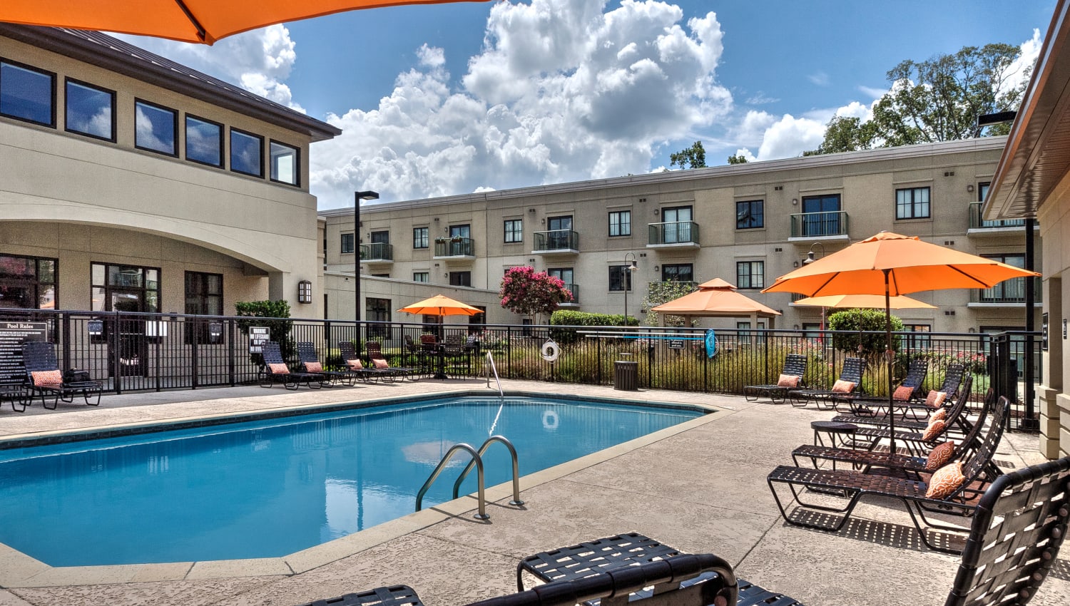 Sparkling swimming pool surrounded by lounge chairs and tables with umbrellas at SouthPark Morrison in Charlotte, North Carolina