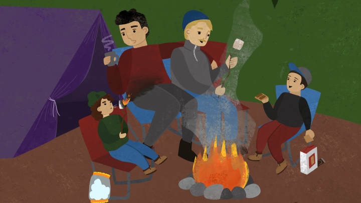a cartoon image of a family enjoying roasting marshmallows by a campfire 