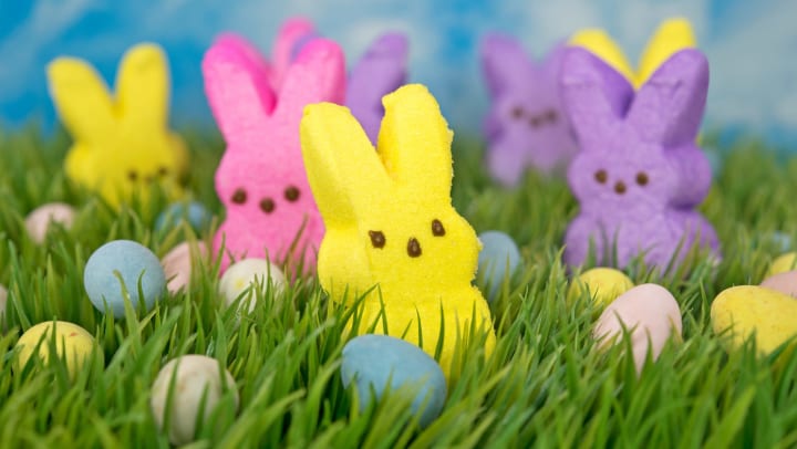 Colorful Easter bunny candy with eggs in green grass