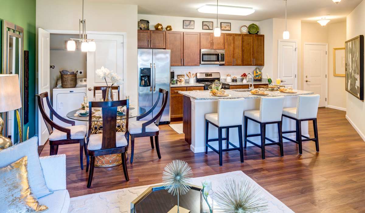 Kitchen with walnut color cabinets at One Glastonbury Place in Glastonbury, Connecticut