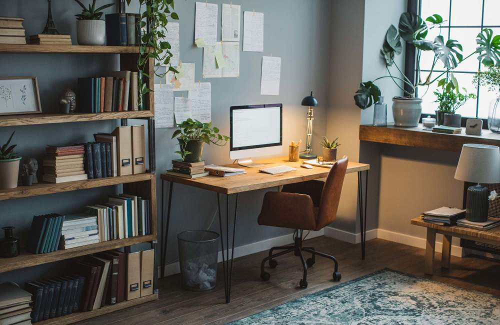 Study room with bookshelf, wooden table and window at Comanche Hills in La Mesa, California
