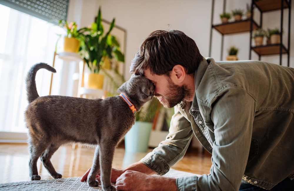 Resident playing with his cat at Juniper Creek in Austin, Texas