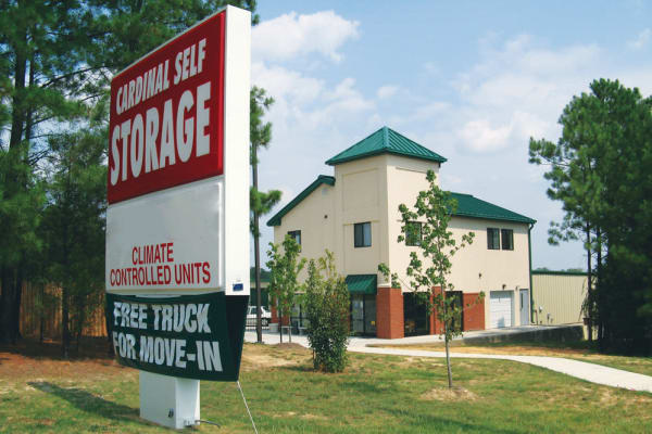 The main entrance at Cardinal Self Storage - East Raleigh in Raleigh, North Carolina. 