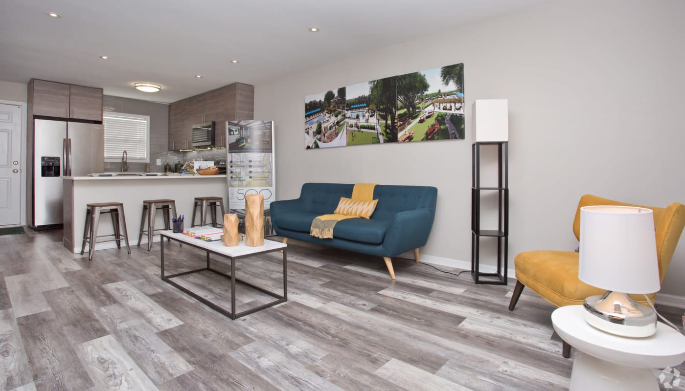 model apartment living room at The 500 in Atlanta, Georgia