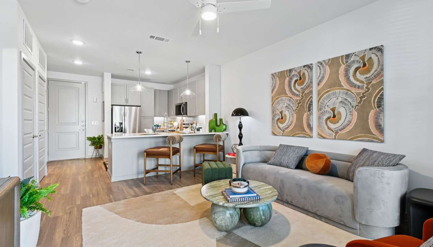 Living Room at  Ennova Highlands in Arlington, Texas