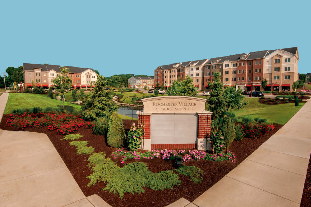 Exterior and signage at Rochester Village Apartments at Park Place in Cranberry Township, Pennsylvania
