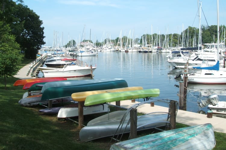 Kayaks and canoes near the dock at Watergate Pointe in Annapolis, Maryland