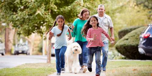 Residents taking her dog for a walk through a verdant park near The Lowell at Mueller in Austin, Texas