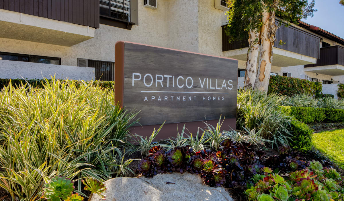 Welcome sign at Portico in Fullerton, California