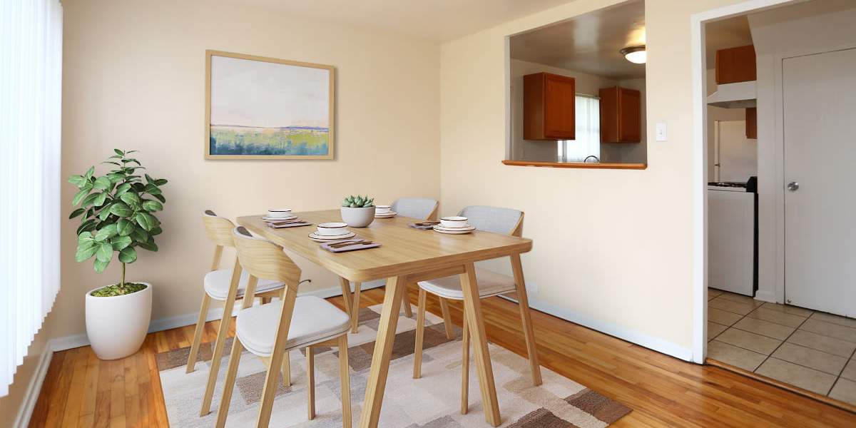 Dining space attached kitchen at Central Park in Park Forest, Illinois