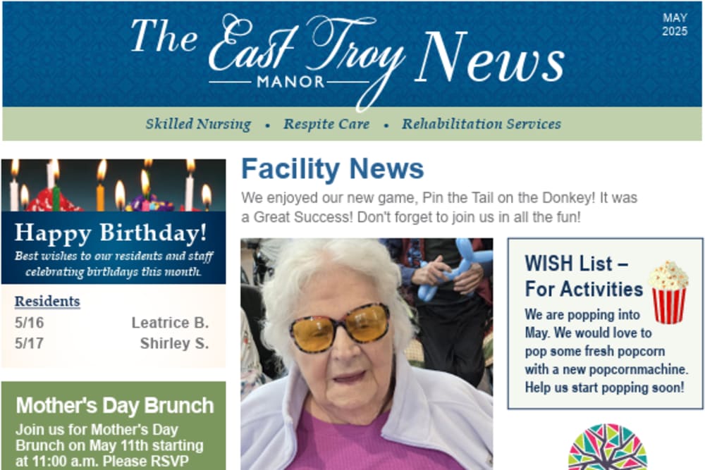 May 2025 Newsletter at East Troy Manor in East Troy, Wisconsin