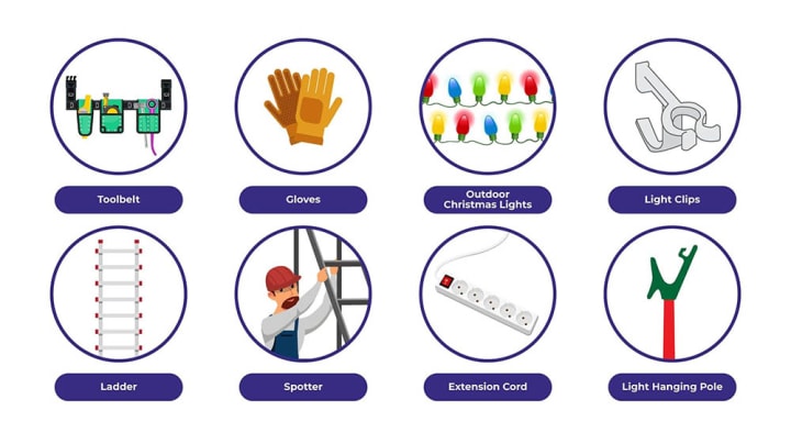 Illustration of tools for hanging Christmas lights