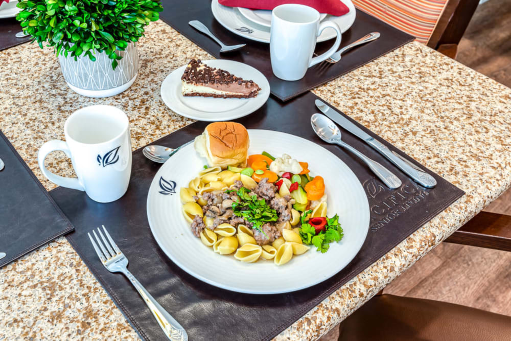 Sample meal and a slice of cake at Pacifica Senior Living Lynnwood in Lynnwood, Washington