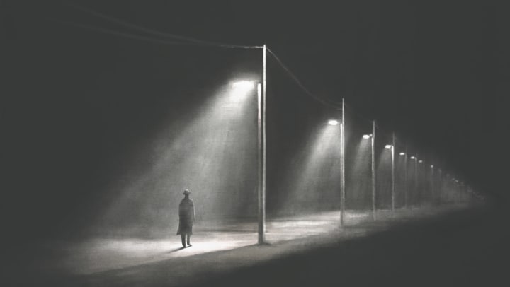A man in a hat and coat walking under street-lined street lights