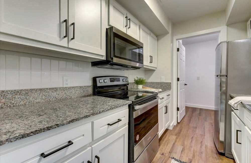 Kitchen with steel apliances at The Alista Apartments in Dallas, Texas, 