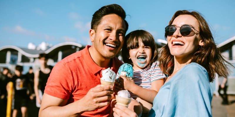 a family eating ice cream near Carter Lake in Joint Base Lewis McChord, Washington