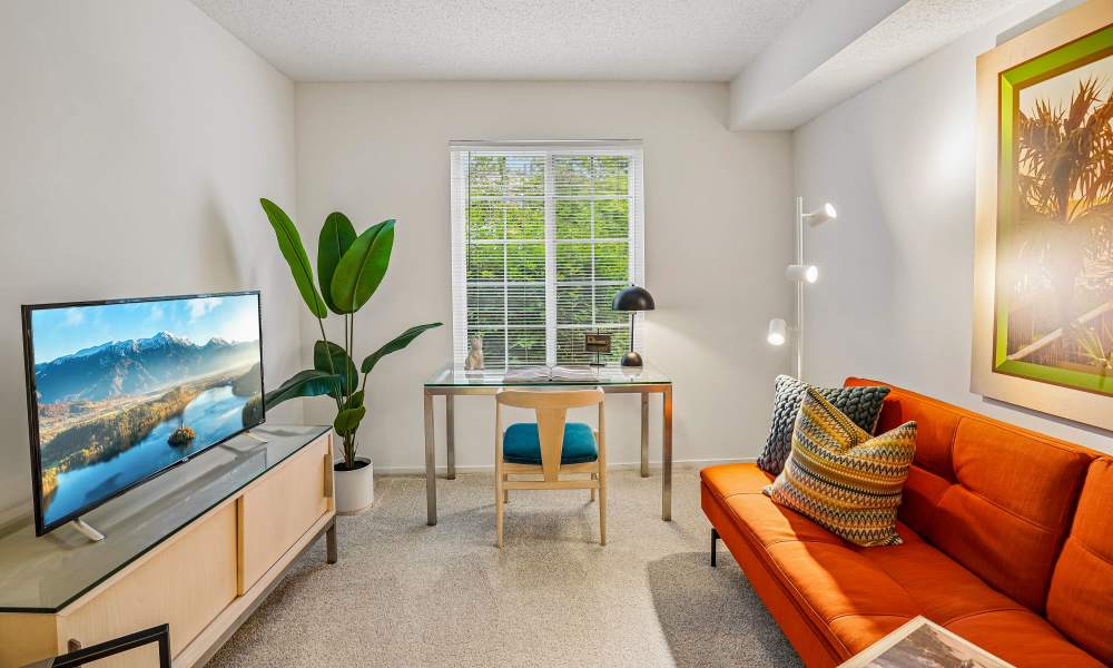Living room with sofa and TV setup at Citation Club in Farmington Hills, Michigan